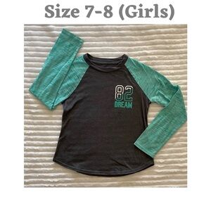 Danskin Now Girls Charcoal Teal Raglan T-Shirt Long Sleeve Crew Dream Size 7-8
